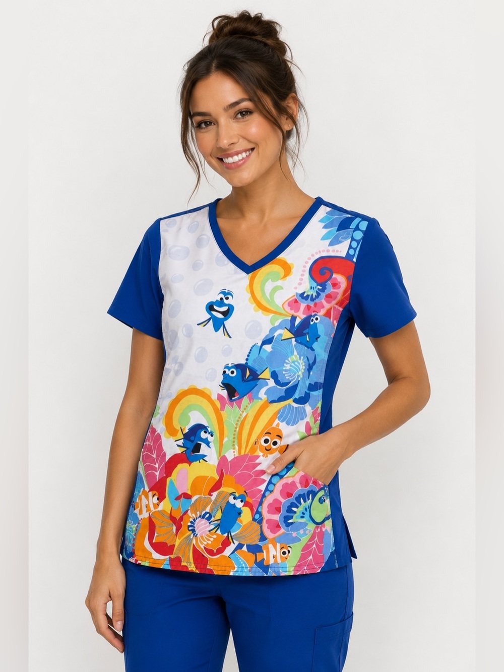 Cherokee Tooniforms Disney Finding Dory Nemo V-Neck Scrub Top Women’s XS